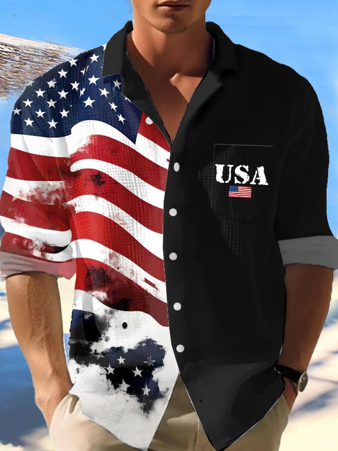 Men's Casual Contrast Color Independence Day Waffle Long Sleeve Shirt