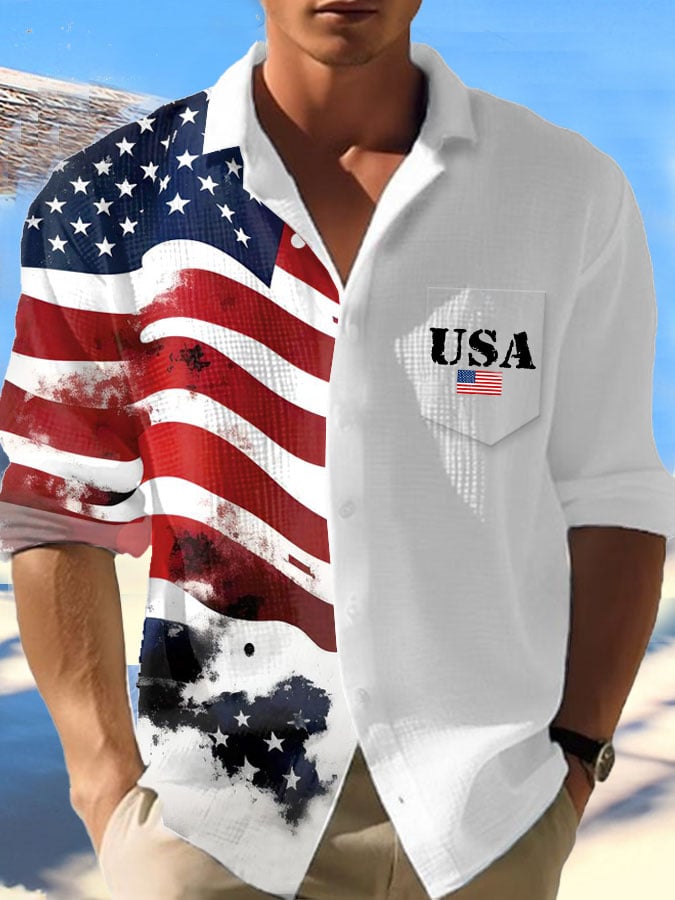Men's Casual Contrast Color Independence Day Waffle Long Sleeve Shirt