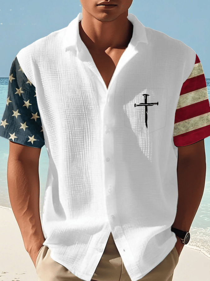 Men's Independence Day Faith Print Casual Waffle Shirt  (With Chest Pocket)
