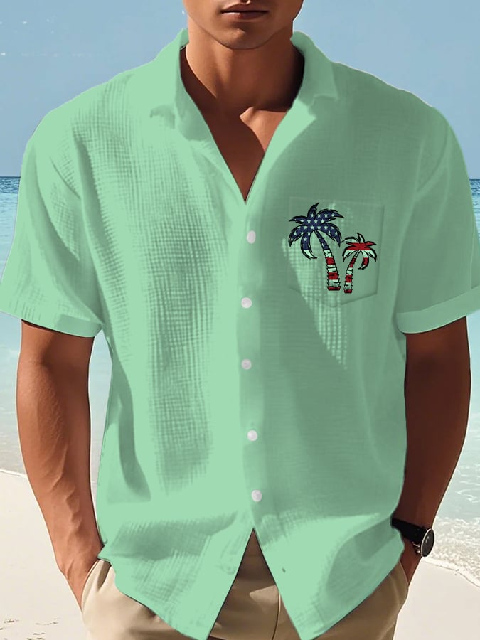 Men's Casual Flag Independence Day Coconut Tree Print Waffle Men's Shirt