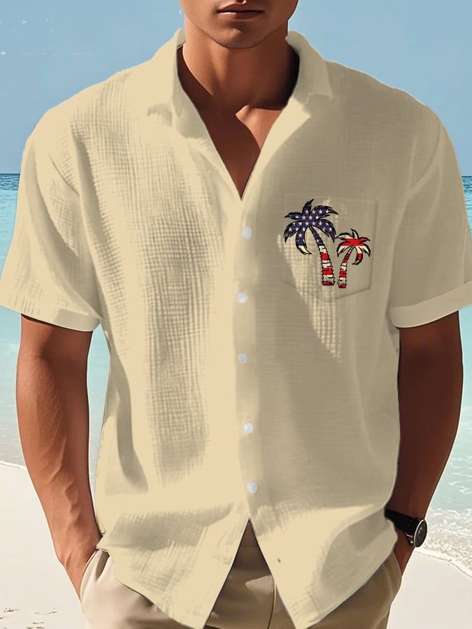 Men's Casual Flag Independence Day Coconut Tree Print Waffle Men's Shirt