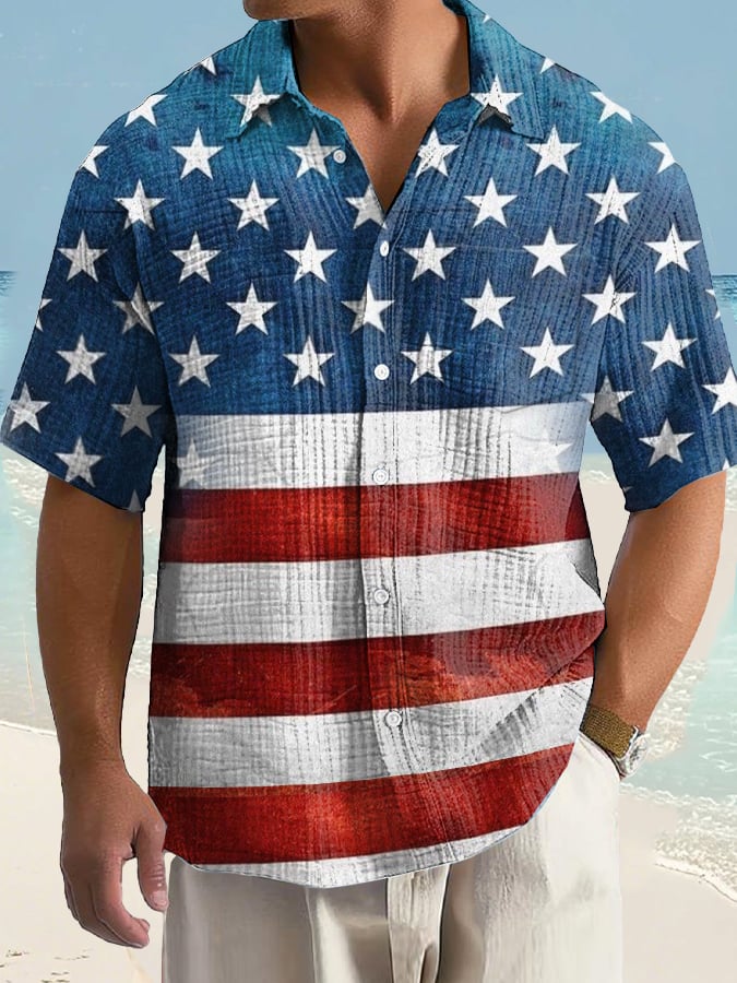 Men's Casual Contrast Independence Day Flag Bubble Wrinkle Hawaiian Shirt (With Pockets)