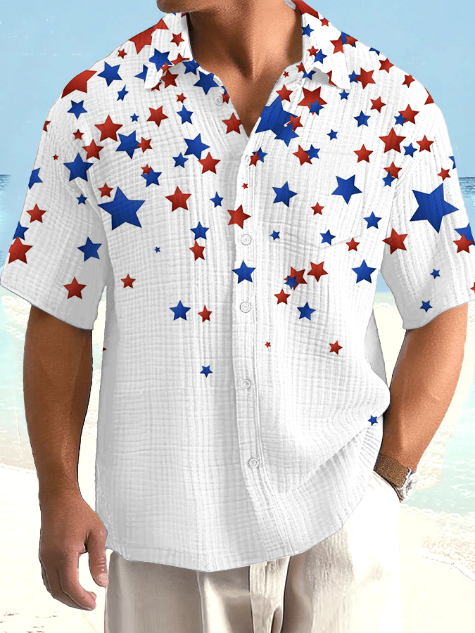 Men's Independence Day Star Print Textured Fabric Casual Vacation Shirt (With Pockets)