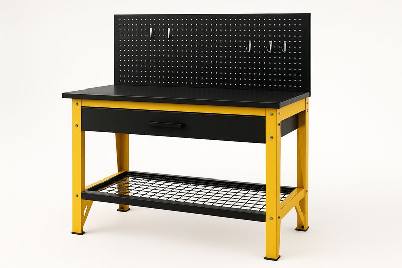 Banco da lavoro in metallo con cassetto e pannello forato nero e giallo