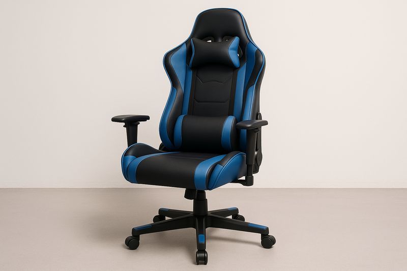 Sedia da gaming nera/blu in PU con struttura in acciaio, inclinazione schienale fino a 135°, braccioli regolabili, cuscini lombare e cervicale