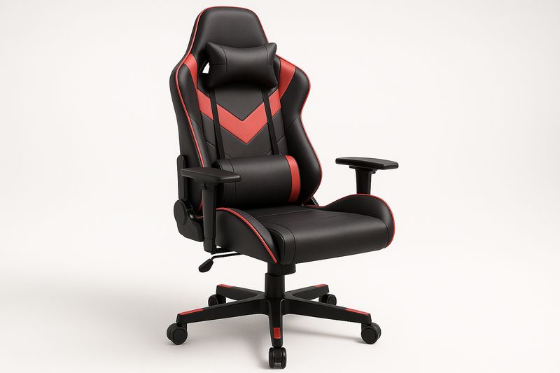 Sedia da gaming nero/rosso in PU con struttura in acciaio, altezza e braccioli regolabili, cuscini lombare e cervicale