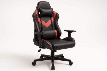 Sedia da gaming nero/rosso in PU con struttura in acciaio, altezza e braccioli regolabili, cuscini lombare e cervicale