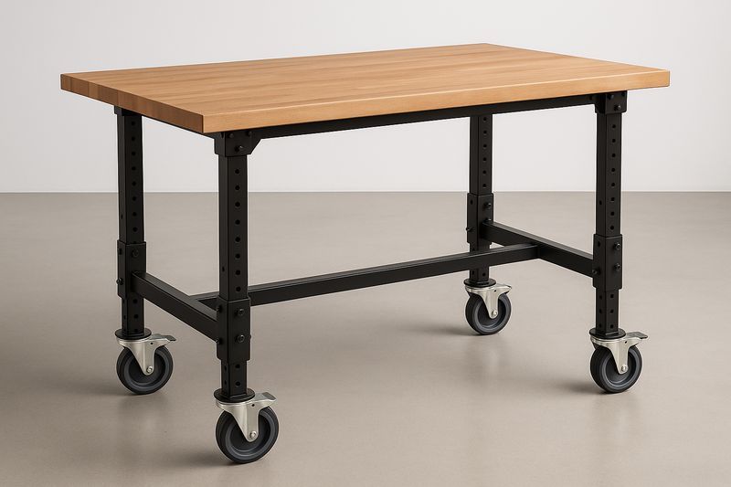 Tavolo da lavoro regolabile in legno e metallo con ruote, 150x75x90 cm