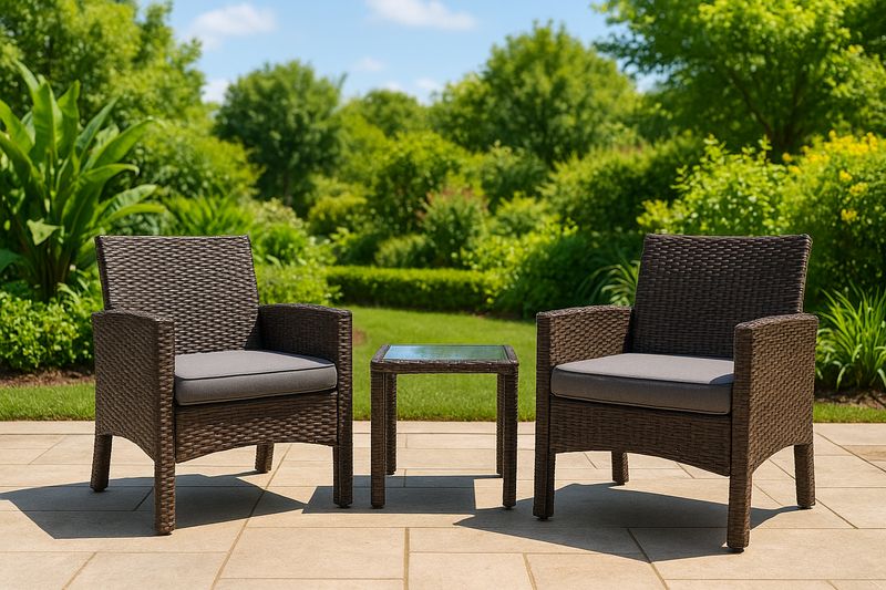 Set da esterno 3 pezzi in rattan PE marrone scuro con 2 sedie 70x65x80 cm e tavolino 45x45x50 cm con piano in vetro