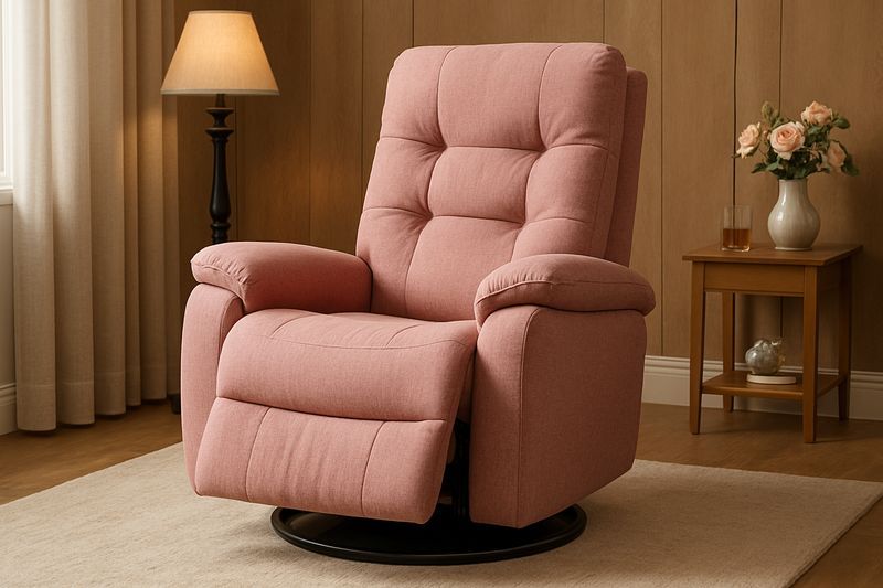 Poltrona reclinabile in tessuto rosa con struttura in acciaio e compensato di betulla, base circolare in acciaio nero