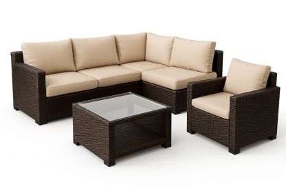 Set Divano da Giardino in Rattan con Cuscini Beige e Tavolino in Vetro