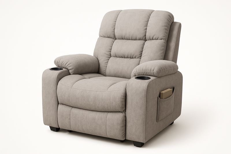 Poltrona reclinabile in tessuto poliestere con struttura in acciaio e compensato di betulla, portabicchieri e tasca laterale