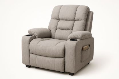 Poltrona reclinabile in tessuto poliestere con struttura in acciaio e compensato di betulla, portabicchieri e tasca laterale