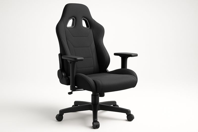 Sedia da gaming nera in tessuto con struttura in acciaio, schienale inclinabile, braccioli e altezza regolabili, supporto lombare integrato