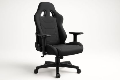 Sedia da gaming nera in tessuto con struttura in acciaio, schienale inclinabile, braccioli e altezza regolabili, supporto lombare integrato