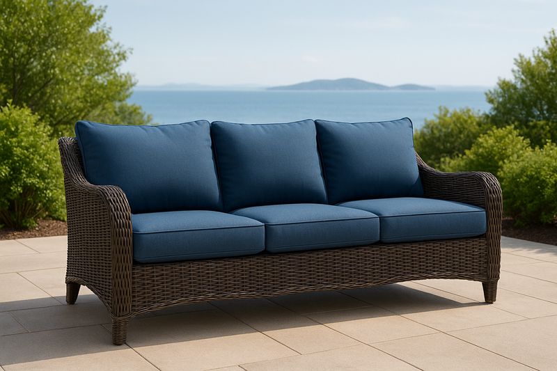 Divano da Esterno in Rattan con Cuscini Blu 3 Posti
