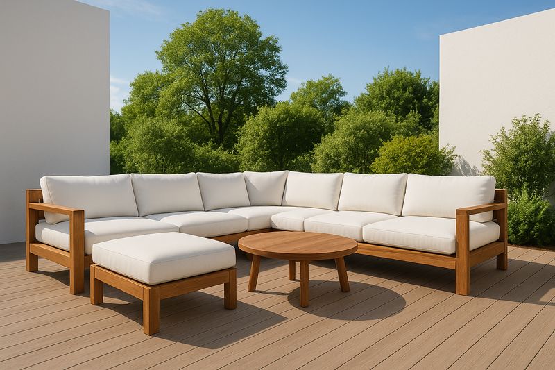 Set Divani Angolari in Teak e Tessuto Crema