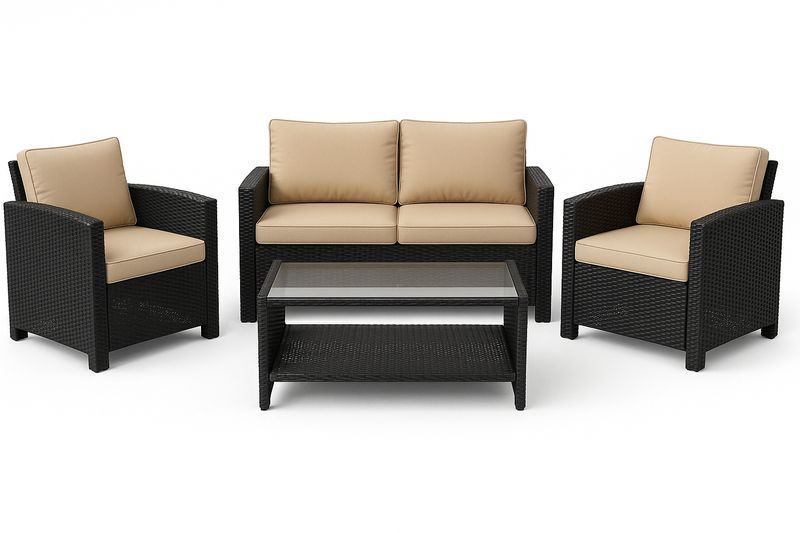 Set da Giardino in Rattan Nero con Cuscini Beige