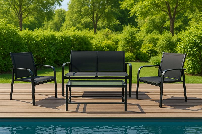 Set salotto da giardino in metallo e tessuto nero 4 pezzi