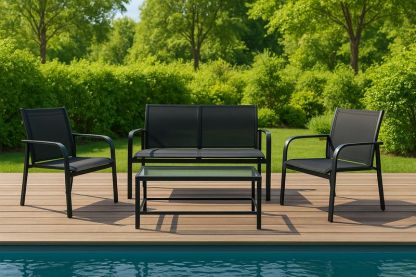 Set salotto da giardino in metallo e tessuto nero 4 pezzi