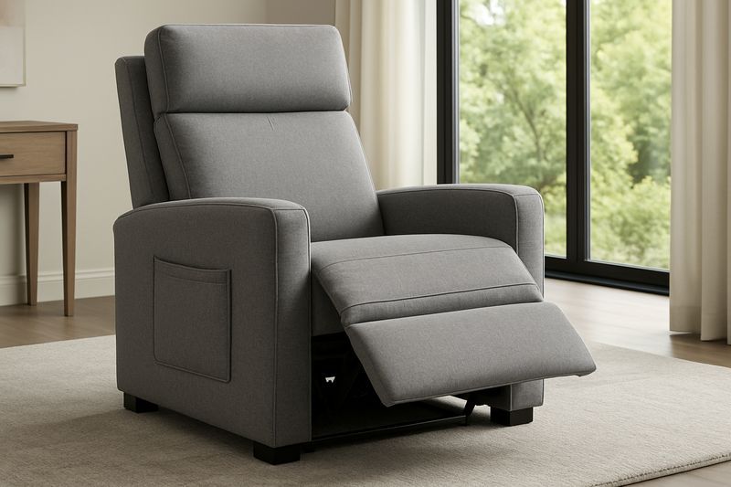 Poltrona reclinabile in tessuto grigio con struttura in acciaio e compensato di betulla, poggiapiedi estraibile e tasca laterale