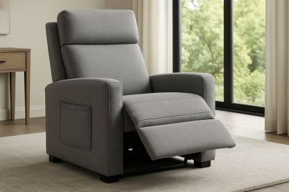 Poltrona reclinabile in tessuto grigio con struttura in acciaio e compensato di betulla, poggiapiedi estraibile e tasca laterale