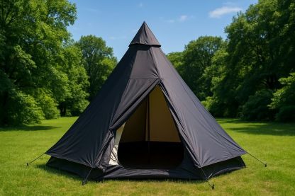 Tenda piramidale nera in poliestere 300x300x250 cm con struttura in acciaio, pali, picchetti e funi inclusi