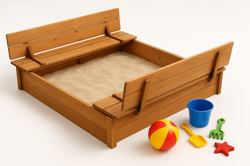 Sabbiera in legno di pino 120x120x20 cm per bambini 3-10 anni con seduta richiudibile e set accessori