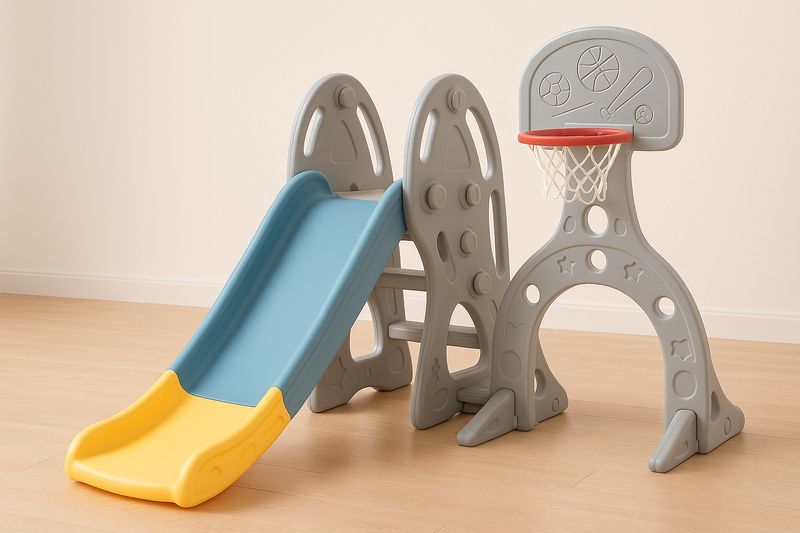 Scivolo per bambini 3-8 anni in plastica PE 160x40x120 cm con canestro da basket, grigio/blu/giallo