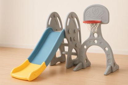 Scivolo per bambini 3-8 anni in plastica PE 160x40x120 cm con canestro da basket, grigio/blu/giallo