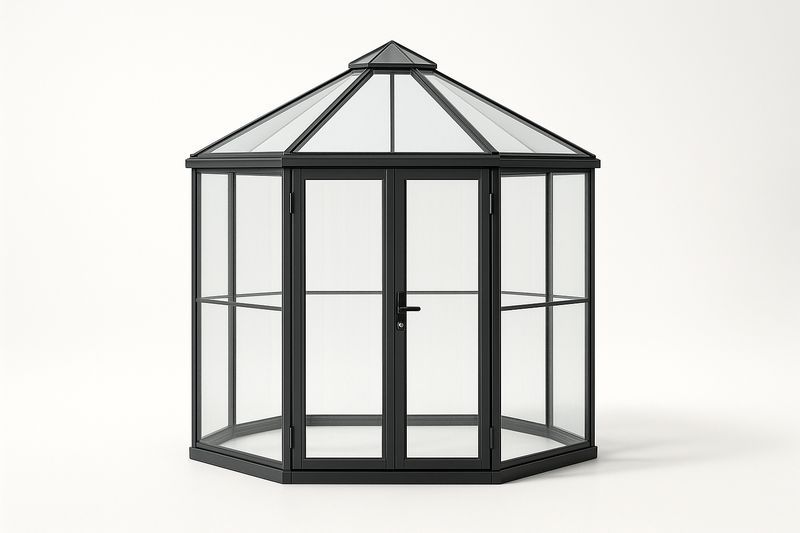 Serra esagonale 400x350x300 cm in alluminio con pannelli in vetro temperato 8 mm, colore nero