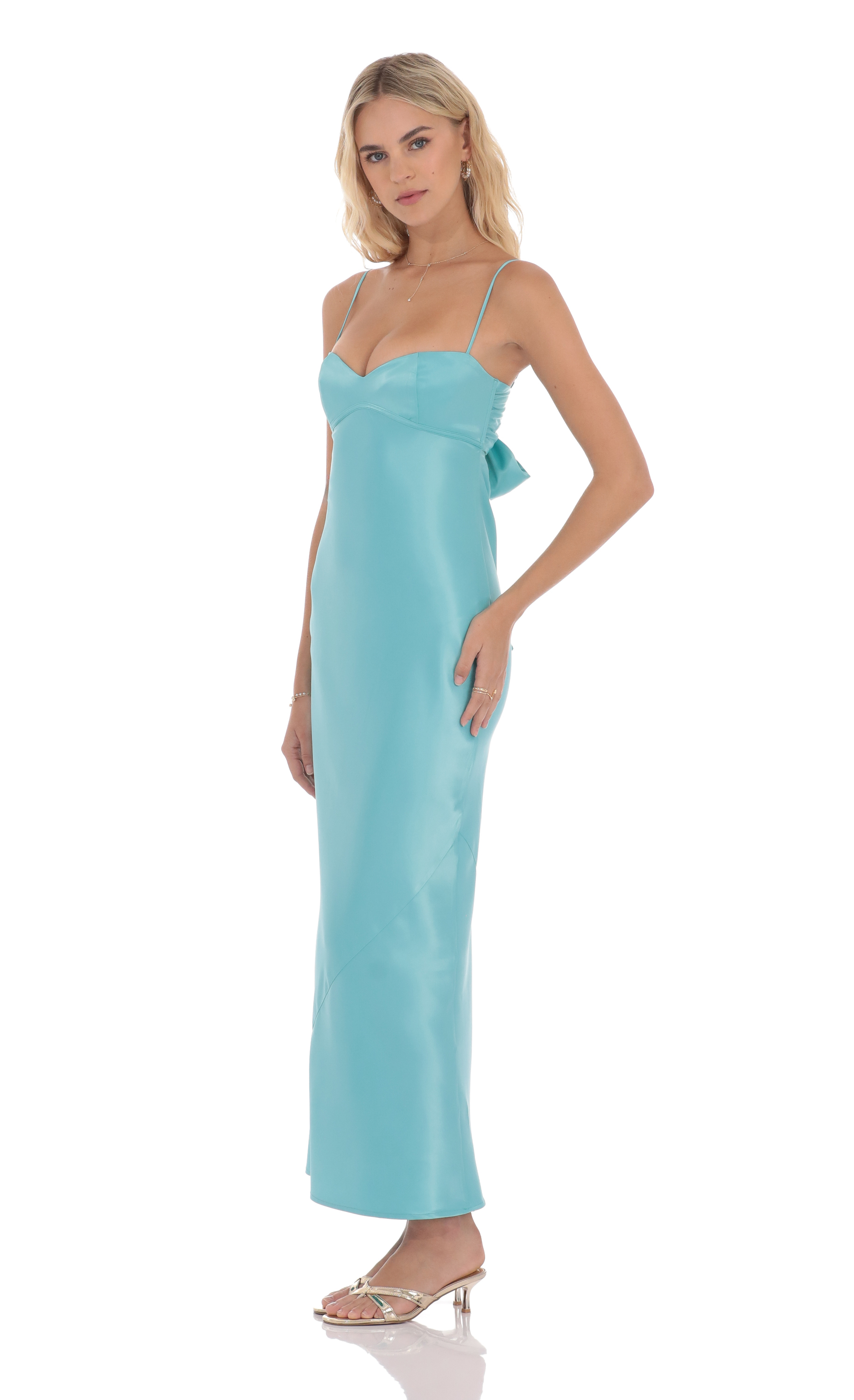 Satin Back Tie Maxi Dress in Aqua - view 3