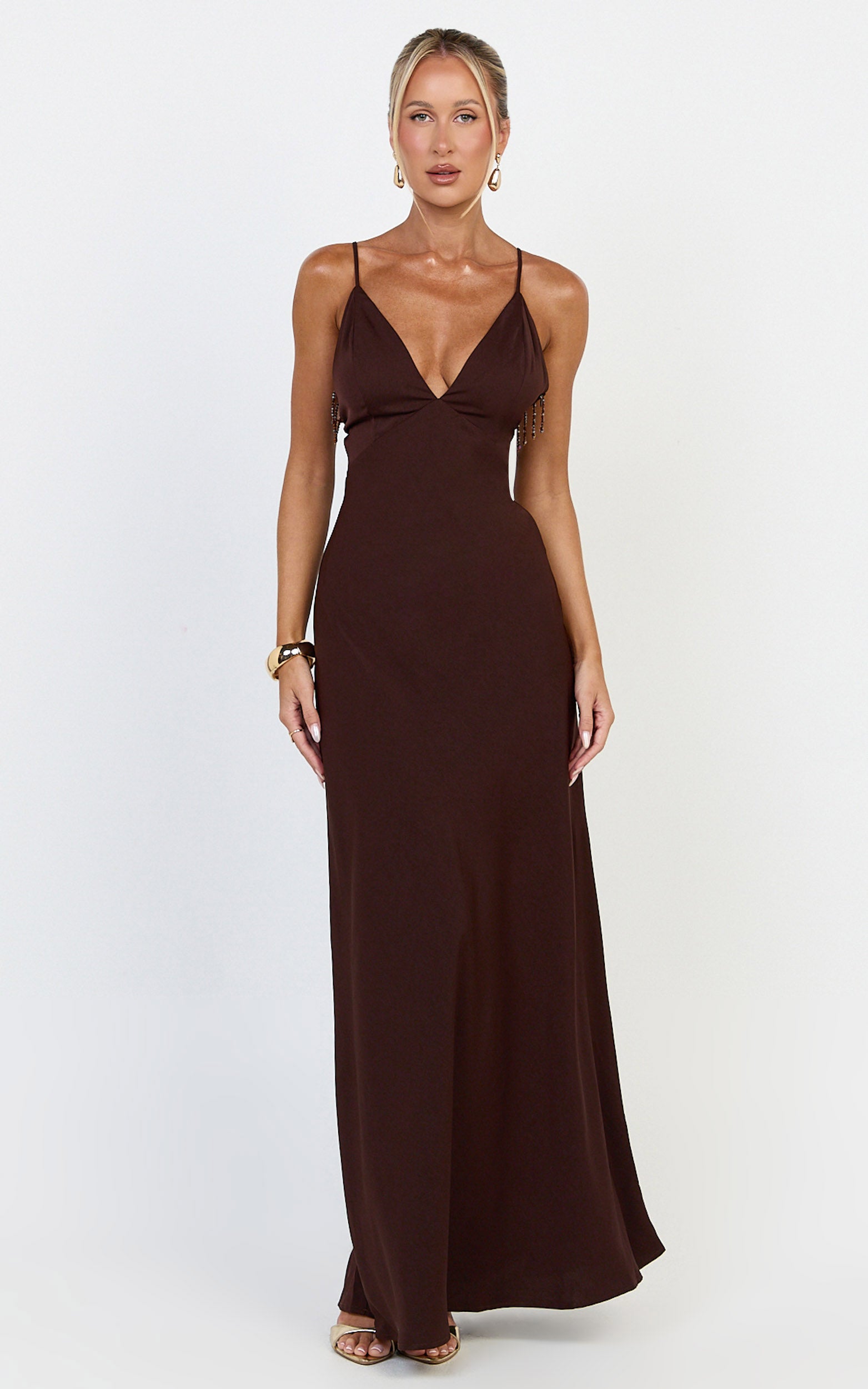 Azura Maxi Dress - Backless Beaded Trim Dress in Chocolate - View 3