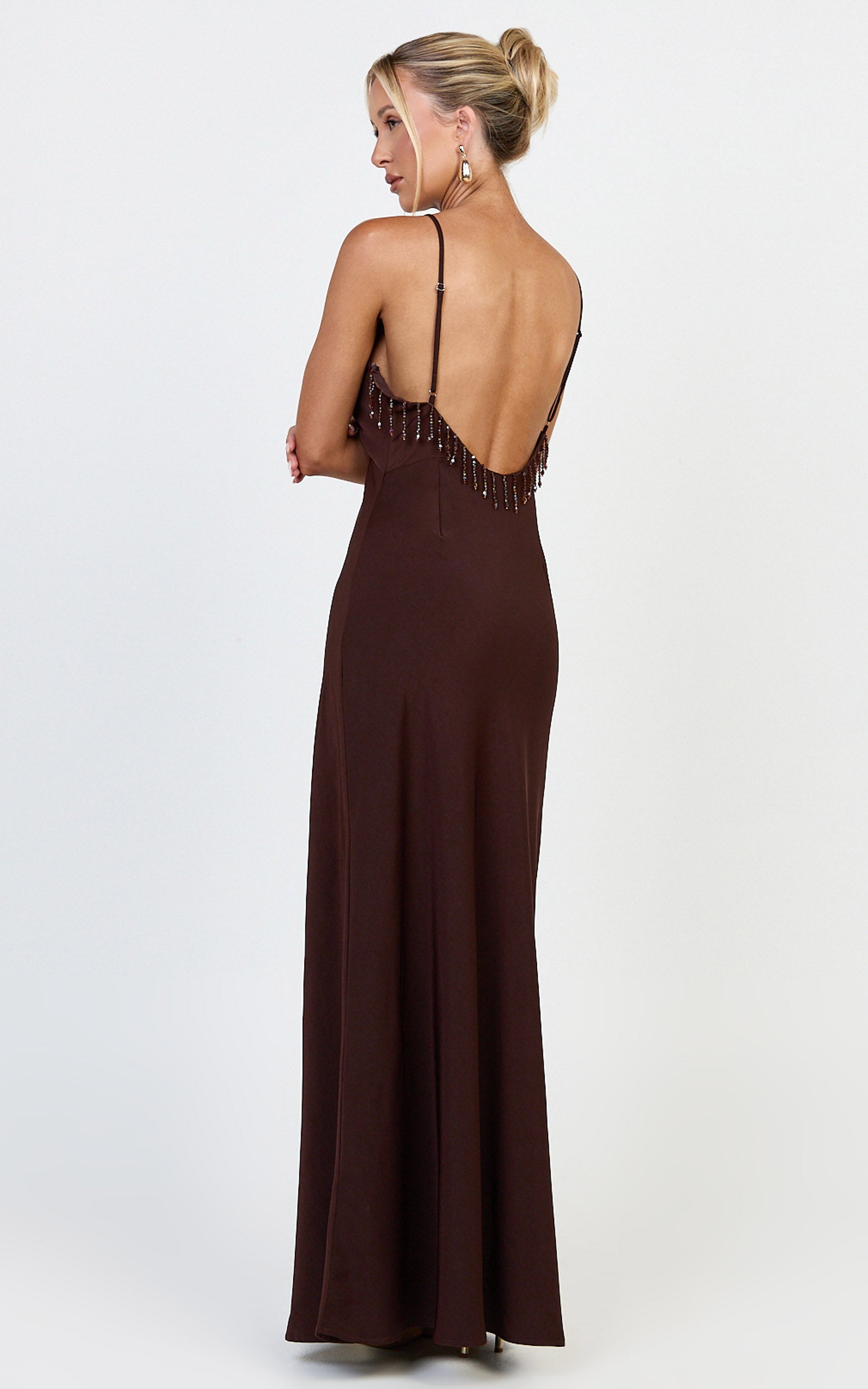 Azura Maxi Dress - Backless Beaded Trim Dress in Chocolate - View 2