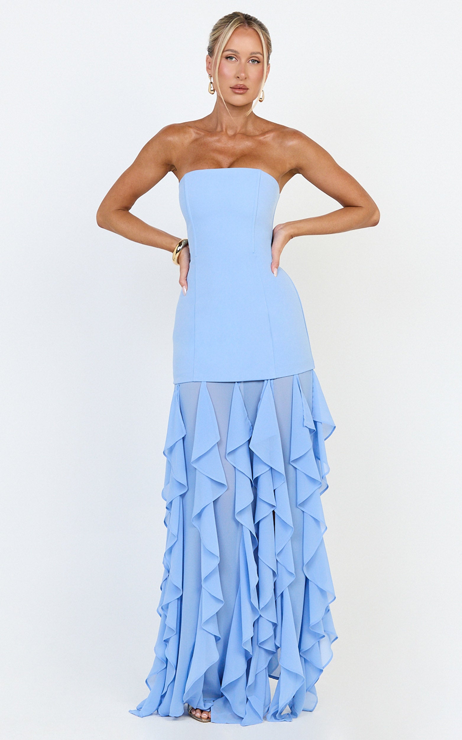 Selani Maxi Dress - Strapless Bodice Ruffle Hem Dress in Sky Blue - View 4