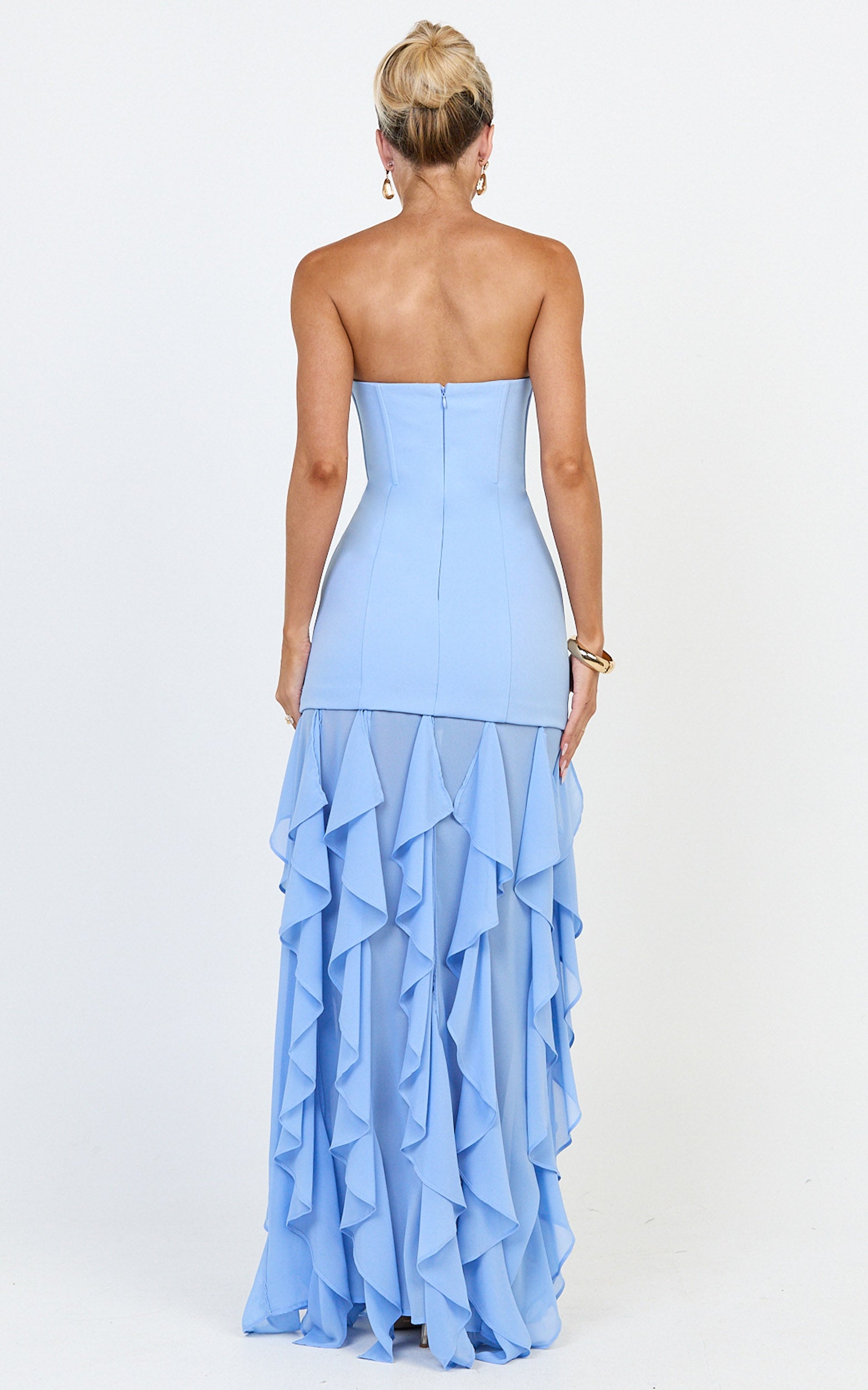 Selani Maxi Dress - Strapless Bodice Ruffle Hem Dress in Sky Blue - View 5