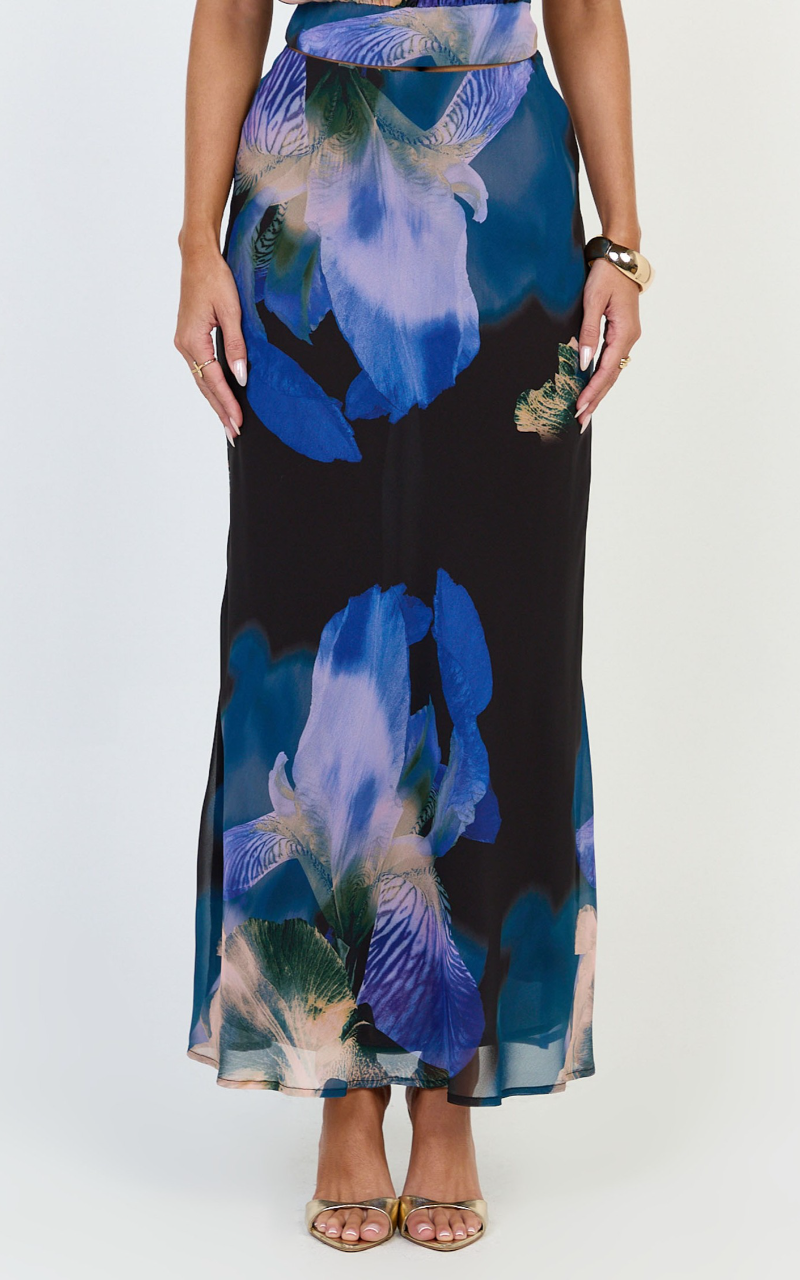 Solara Maxi Skirt - Bias Cut A Line Skirt in Midnight Resort Orchid Print - View 2
