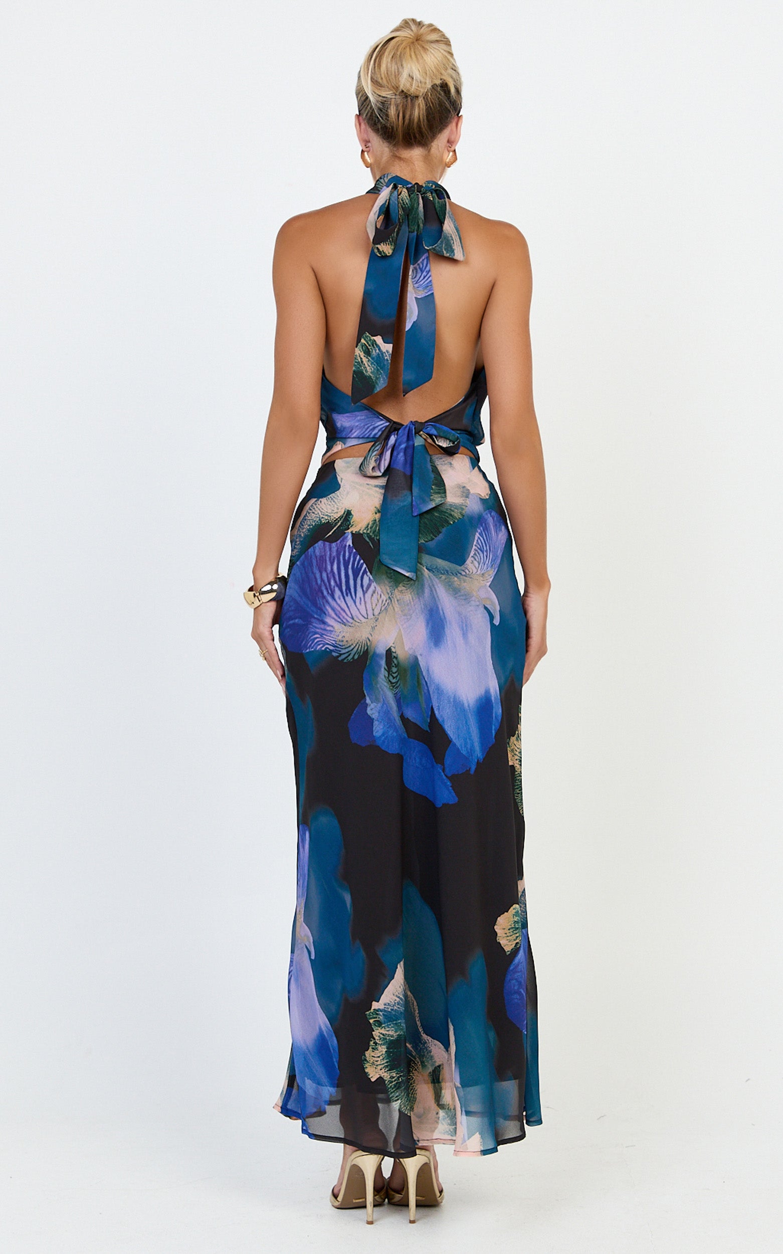 Solara Maxi Skirt - Bias Cut A Line Skirt in Midnight Resort Orchid Print - View 5