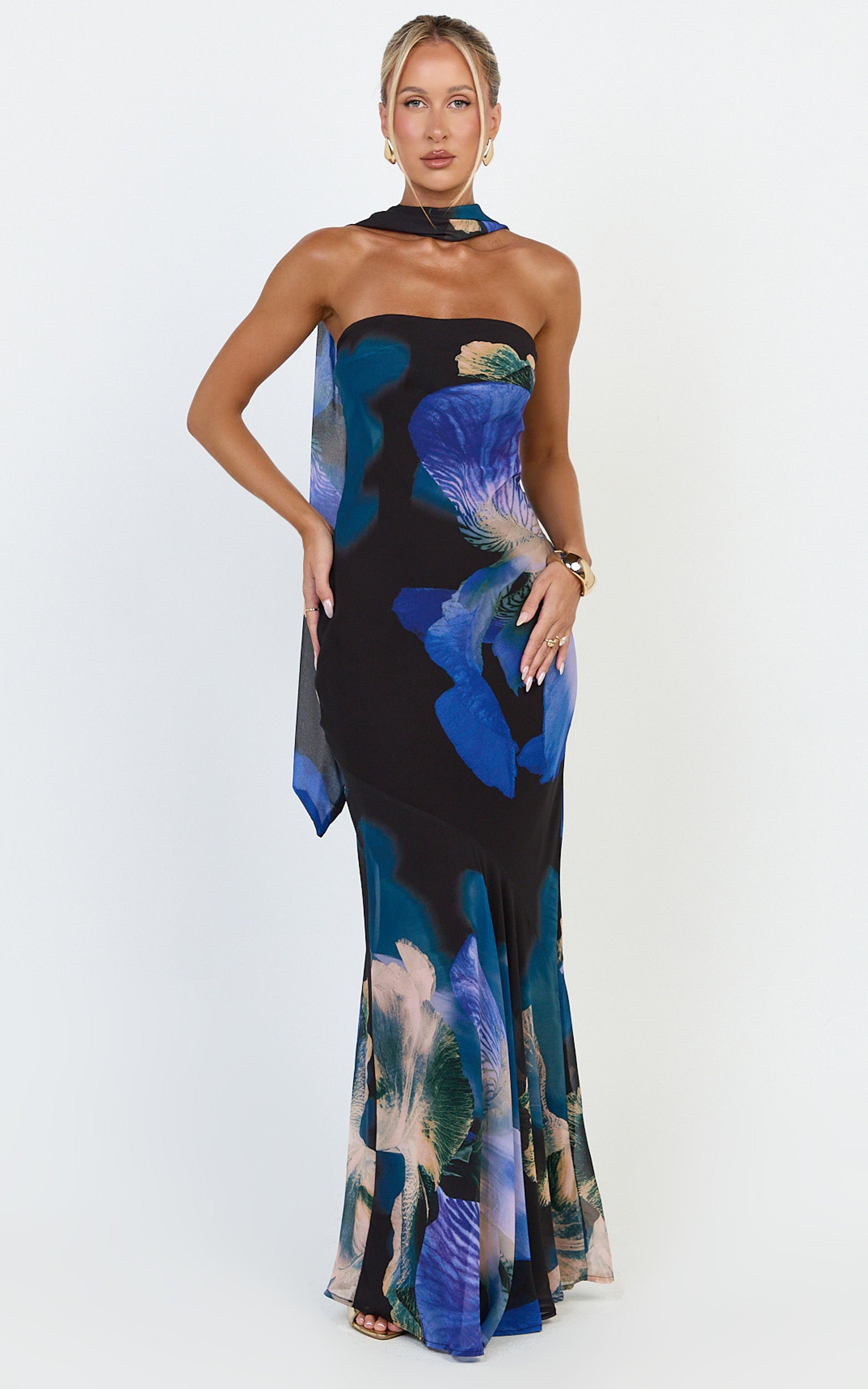 Solara Maxi Dress - Strapless Bias Column Dress With Scarf in Midnight Resort Orchid Print - View 1