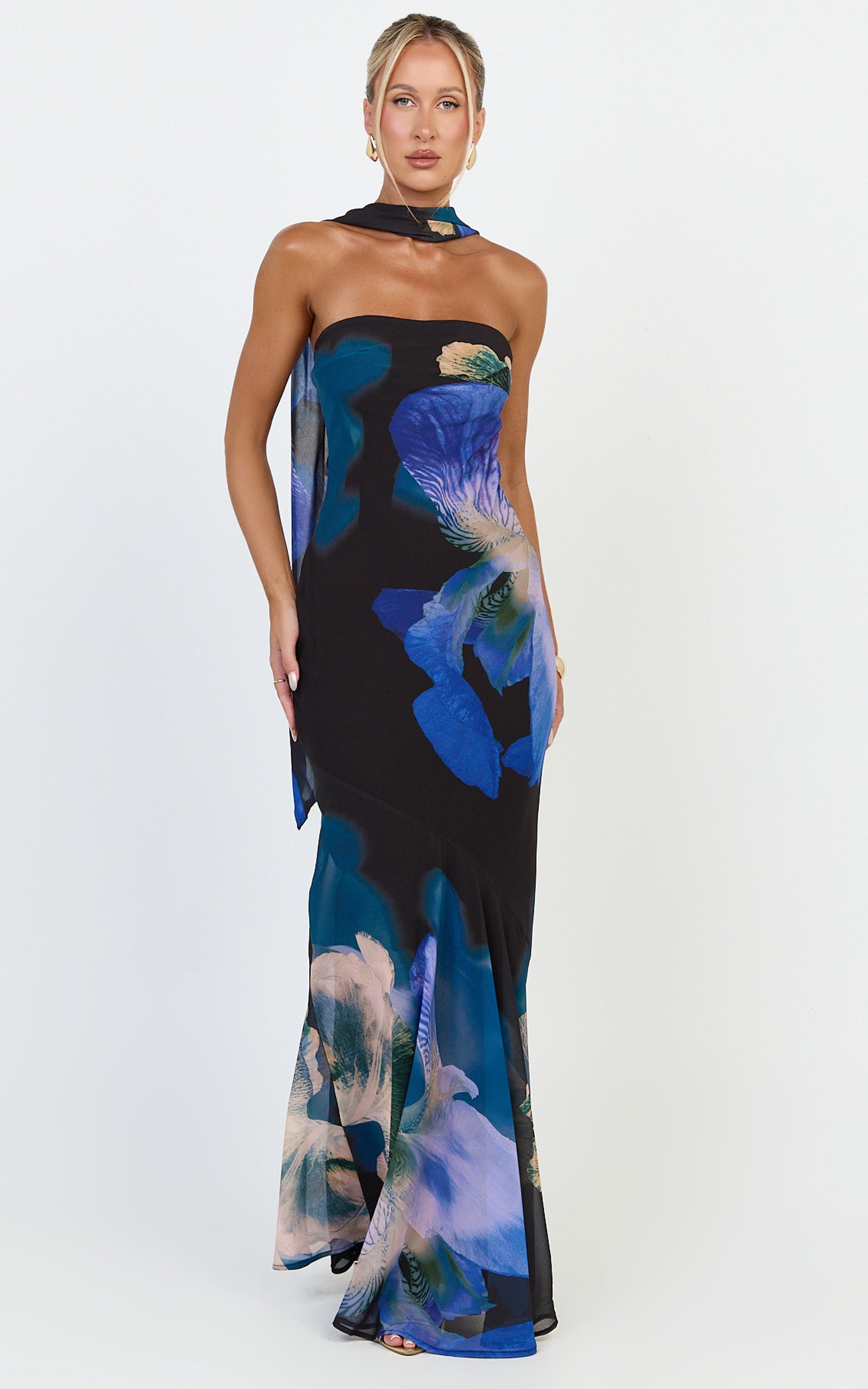 Solara Maxi Dress - Strapless Bias Column Dress With Scarf in Midnight Resort Orchid Print - View 4