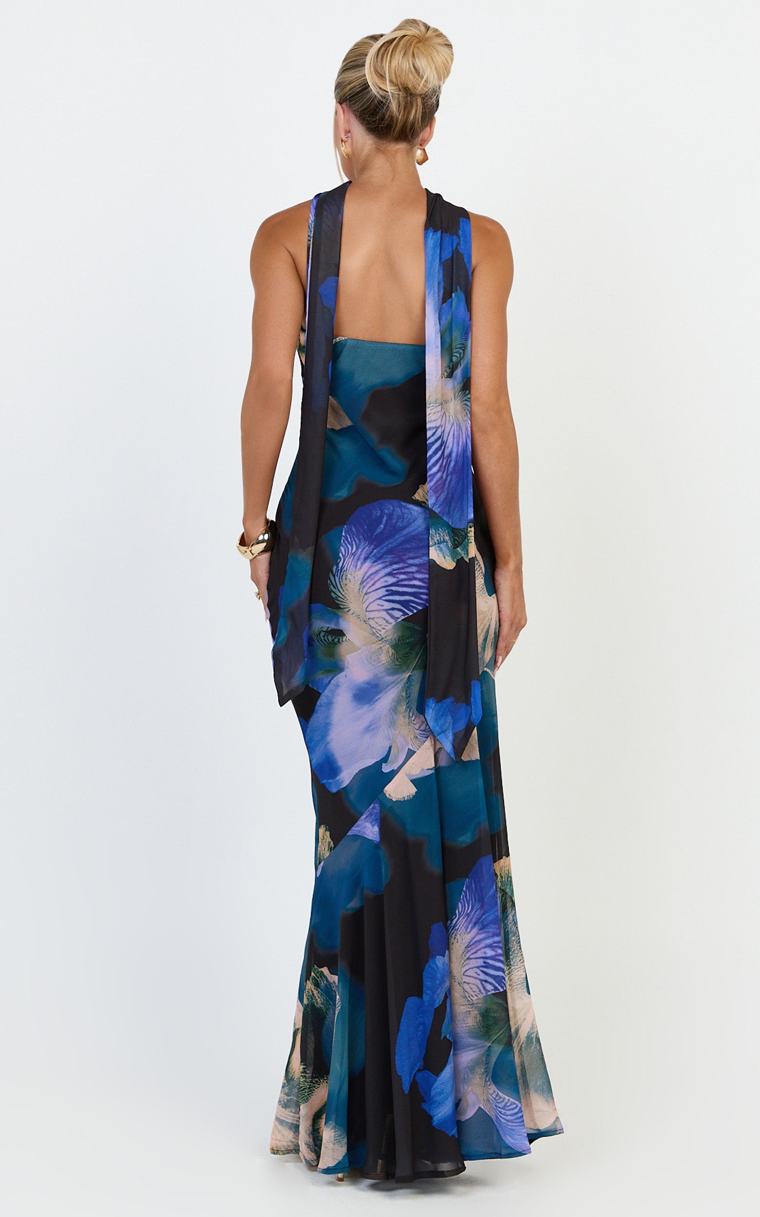 Solara Maxi Dress - Strapless Bias Column Dress With Scarf in Midnight Resort Orchid Print - View 5