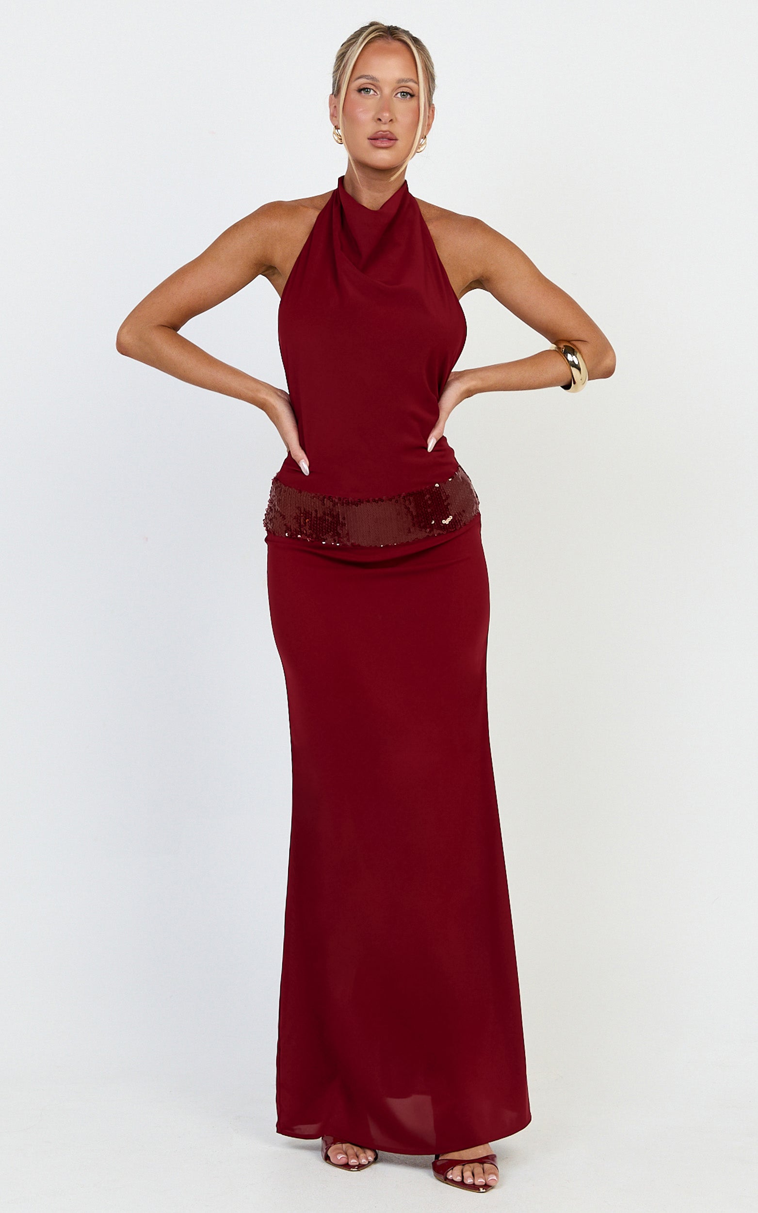 Evianne Maxi Dress - Backless Sequin Drop Waist Halter Dress in Wine - View 5