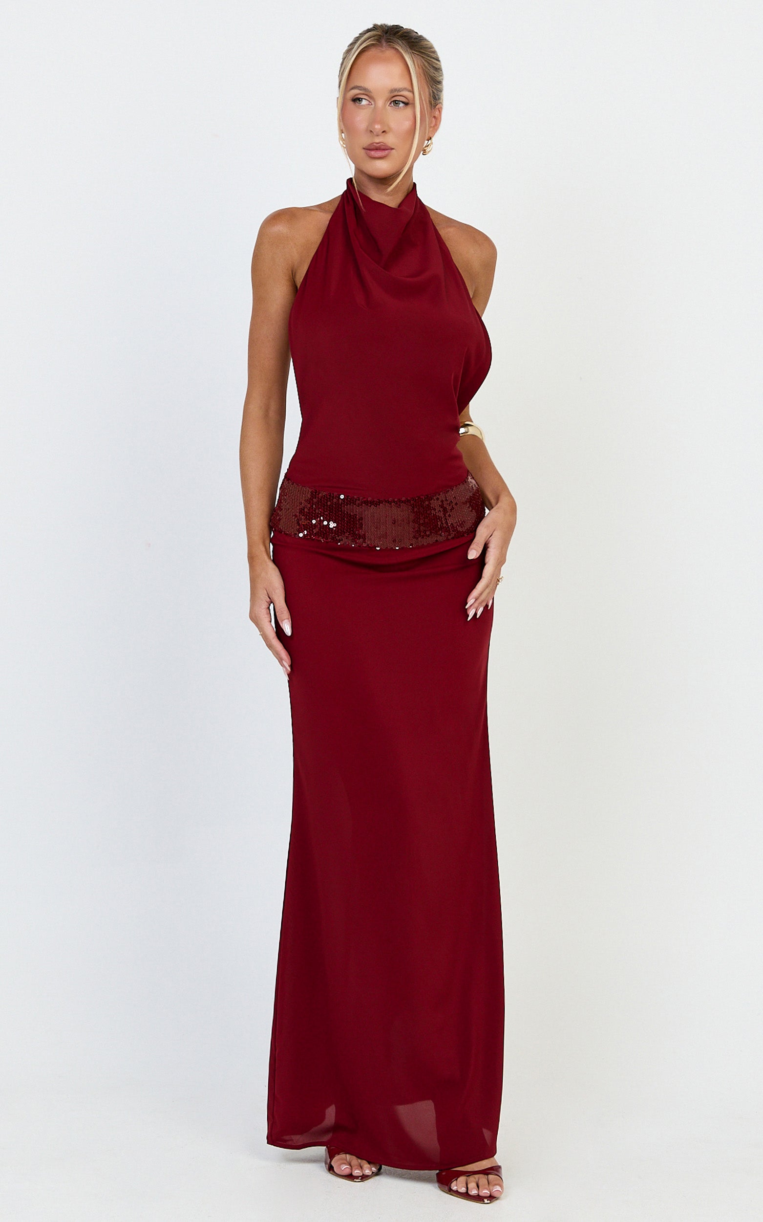 Evianne Maxi Dress - Backless Sequin Drop Waist Halter Dress in Wine - View 2
