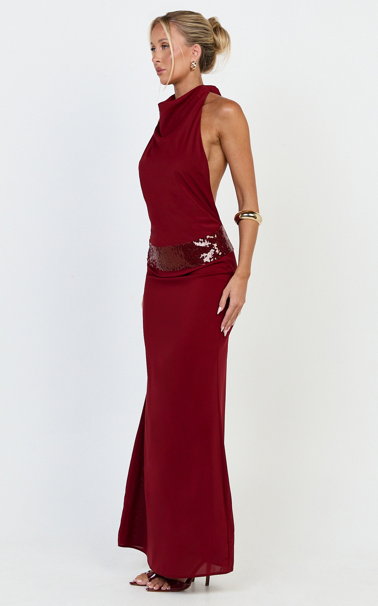 Evianne Maxi Dress - Backless Sequin Drop Waist Halter Dress in Wine - View 6