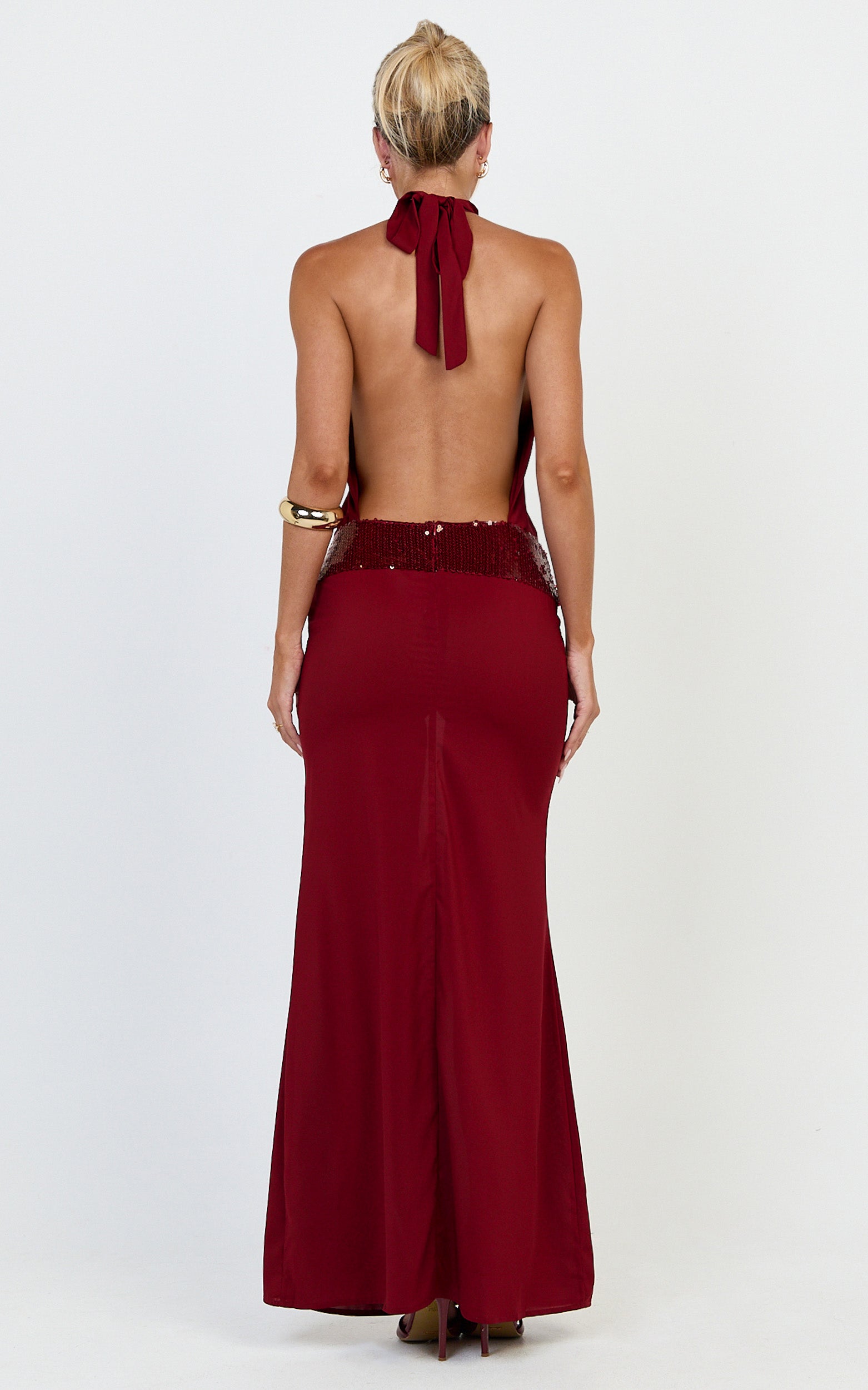 Evianne Maxi Dress - Backless Sequin Drop Waist Halter Dress in Wine - View 7