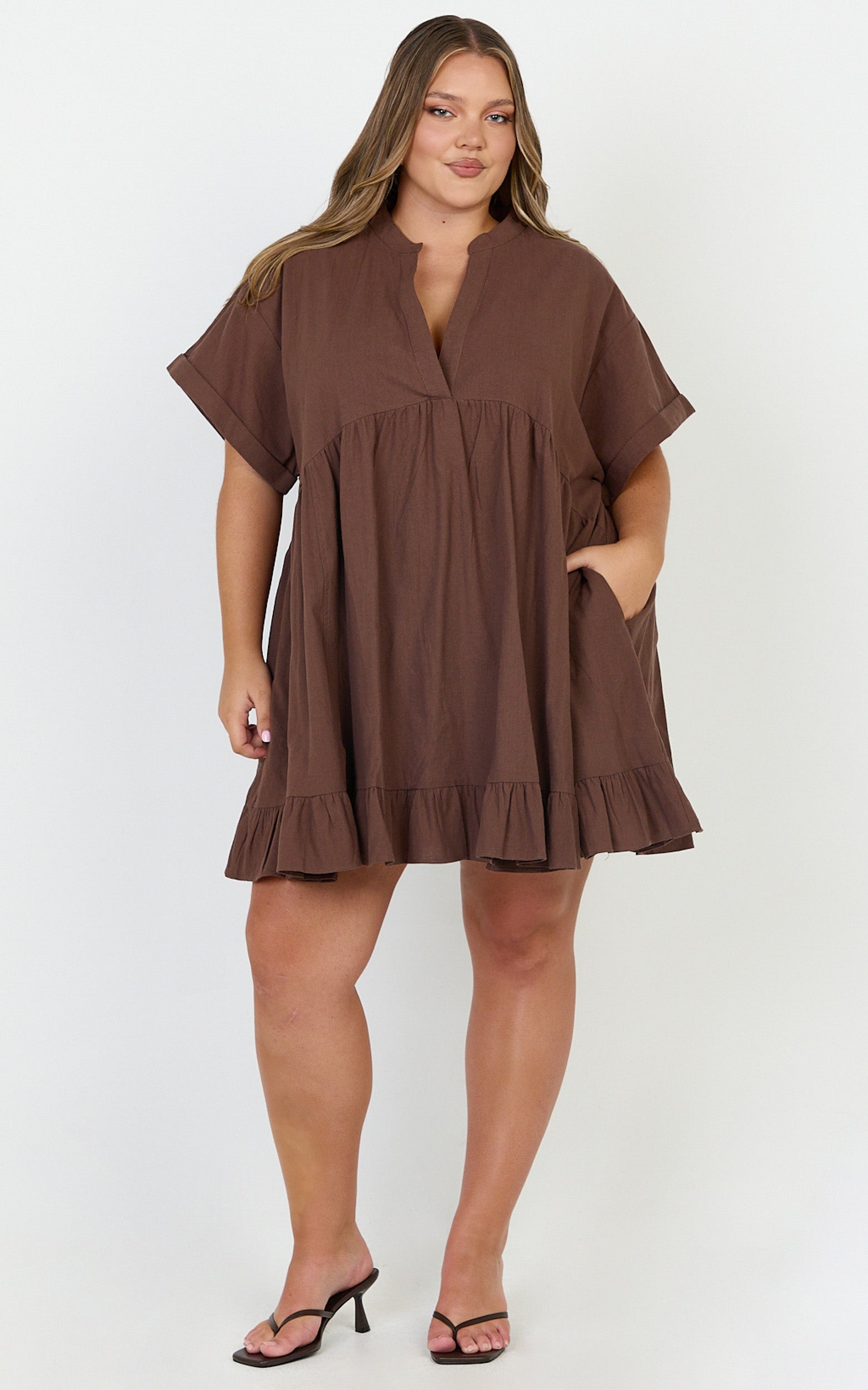 Calissa Mini Dress - Frill Hem Smock Dress in Chocolate - View 4