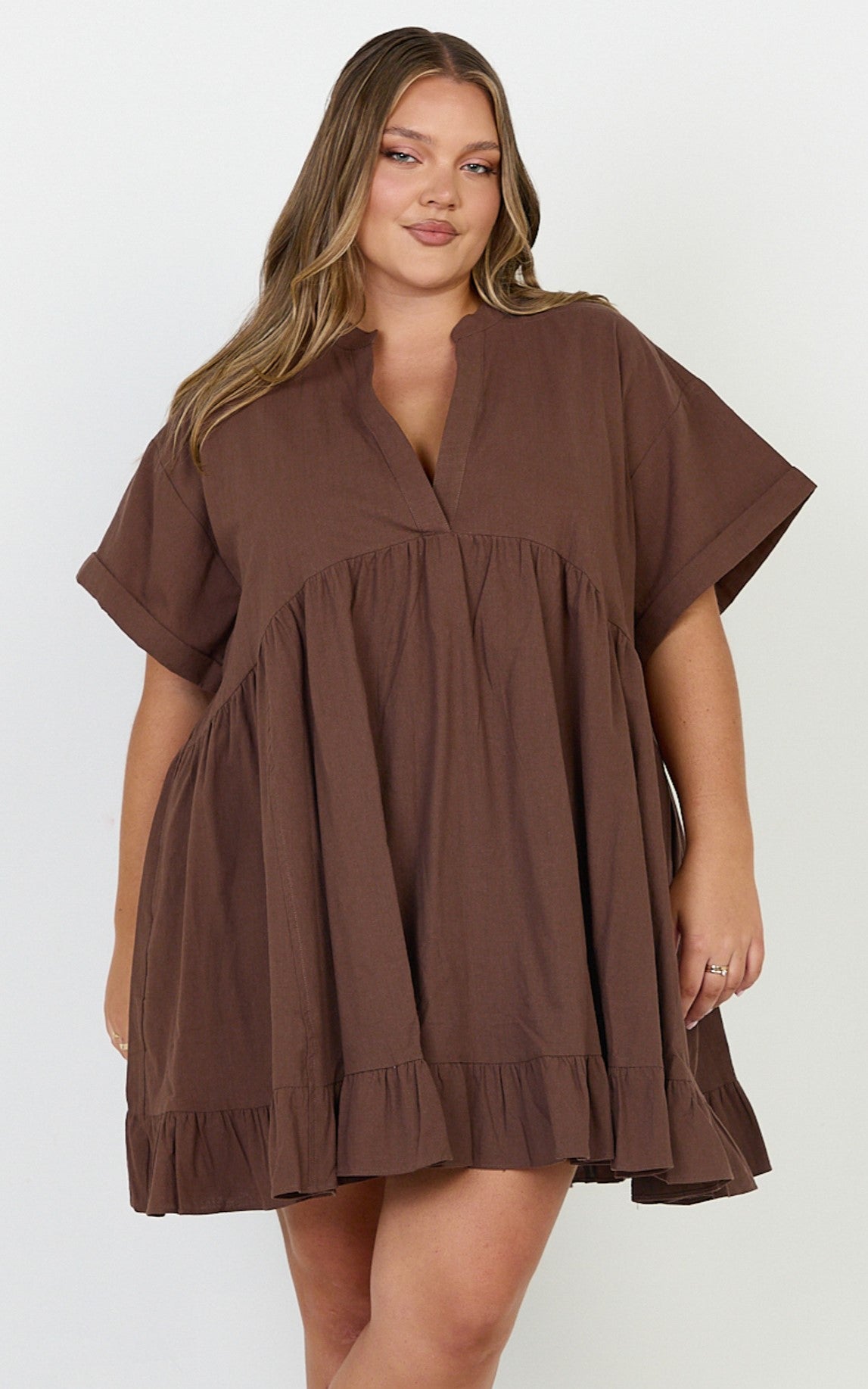 Calissa Mini Dress - Frill Hem Smock Dress in Chocolate - View 2