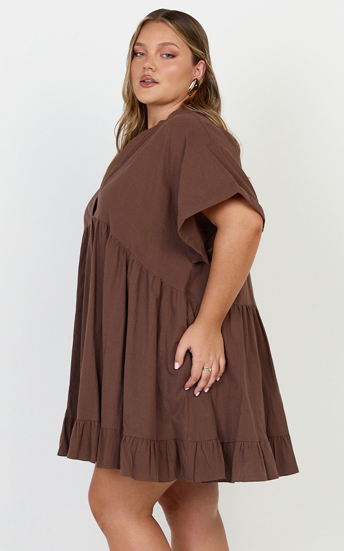 Calissa Mini Dress - Frill Hem Smock Dress in Chocolate - View 6