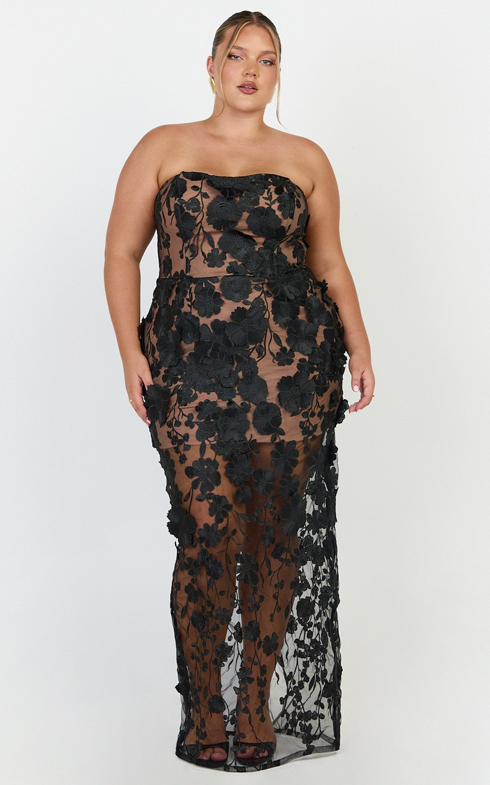 Sienna Maxi Dress - 3D Floral Strapless Column Dress in Black - View 4