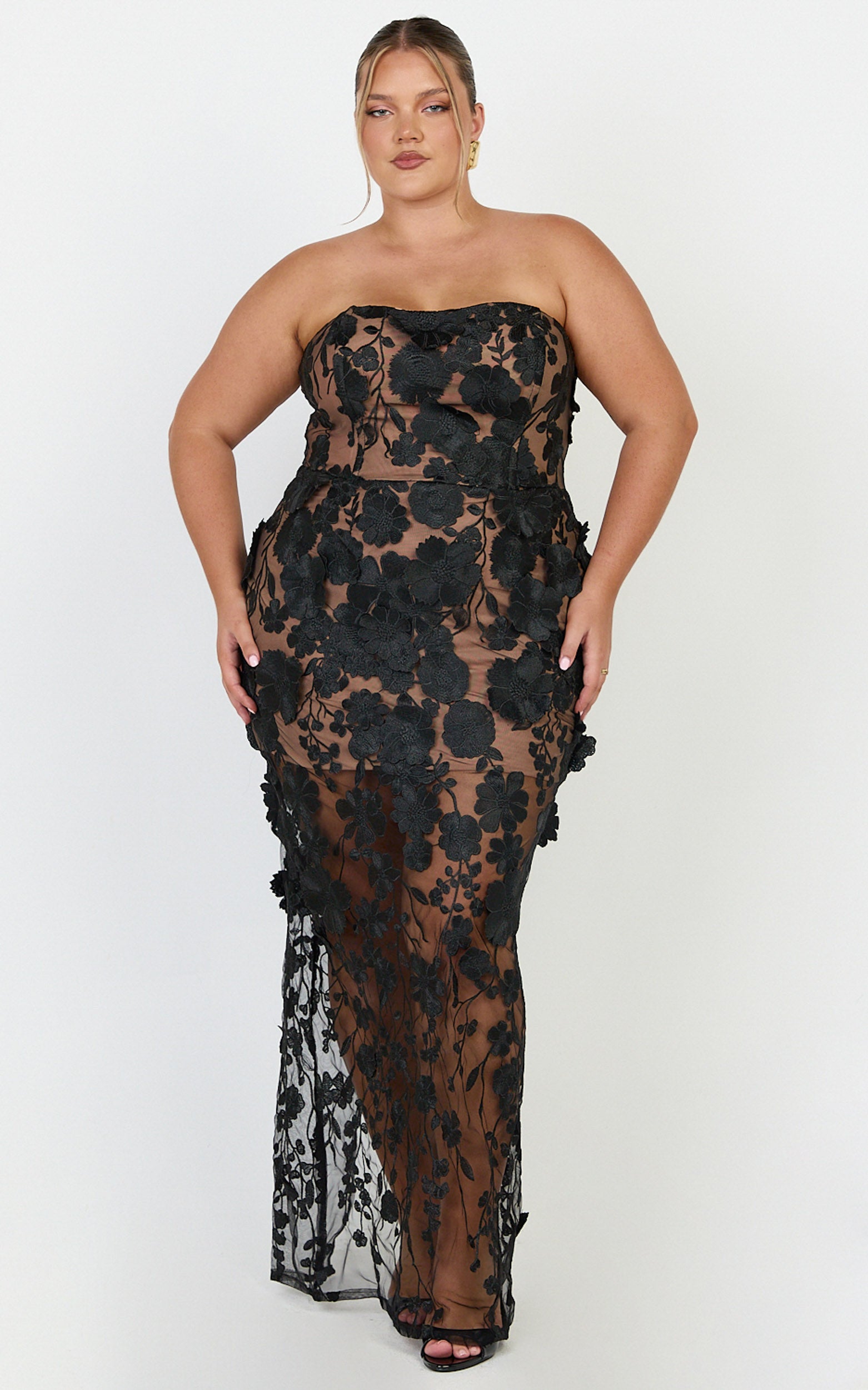 Sienna Maxi Dress - 3D Floral Strapless Column Dress in Black - View 2